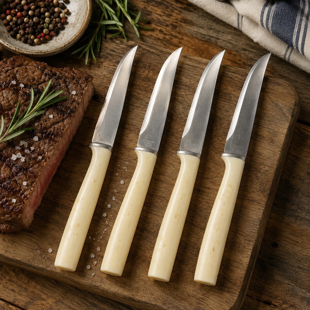 Vintage Steak Knife Set‎ 4pc Japan Cream Shell Inlay Stainless Steel MCM GOOD